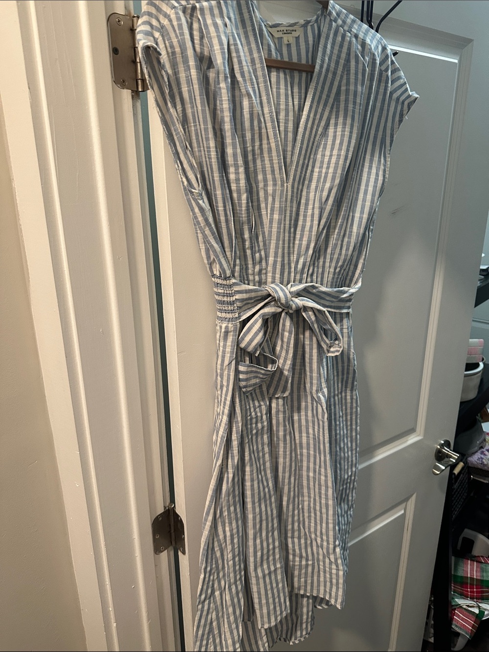 Max Studio Blue and White Striped High-Low Wrap Dress